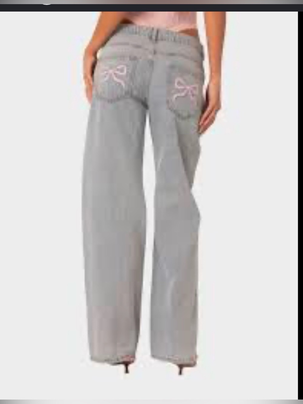 Altar'd State Light Gray Wide Leg Jeans with Pink Back Pocket Embroidery